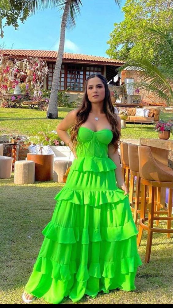 A-line Green Tiered Prom Dress,Stunning Green Formal Gown  Y1325
