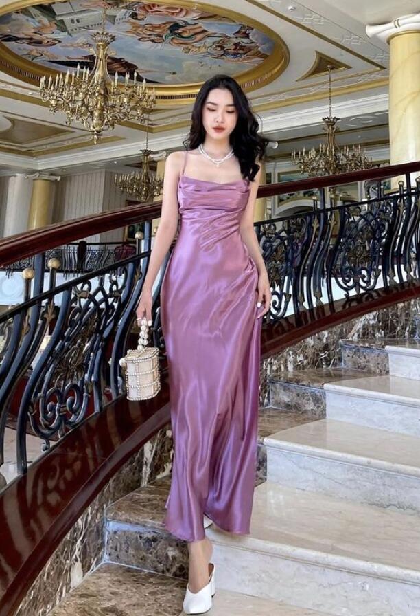 Simple Straps Purple Stain Long Prom Dresses Y1344
