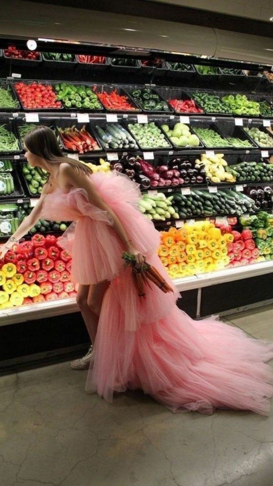 Charming Pink Tulle Hi-low Prom Dress,Strapless Pink Evening Dress  Y1316