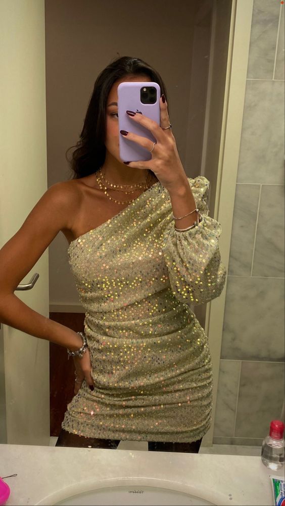 Sparkly One Shoulder Homecoming Dress,Cute Party Dress Y1318