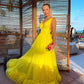 Charming A Line V Neck Yellow Chiffon Long Prom Dresses, Wedding Guest Dresses Y1306