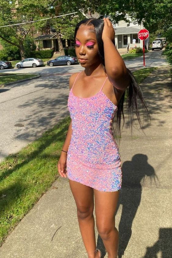 Cute Bodycon Straps Pink Short Sparkly Homecoming Dresses Y1288