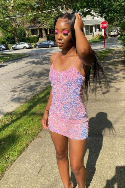 Cute Bodycon Straps Pink Short Sparkly Homecoming Dresses Y1288