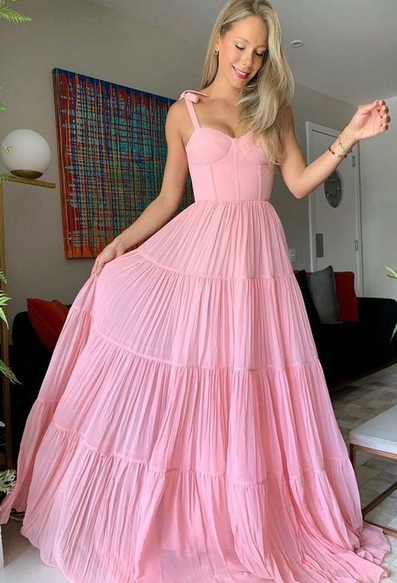 Sweet Pink Chiffon Long Prom Dresses,A-Line Evening Gown,Pleated Ruffles Party Dresses Y1317