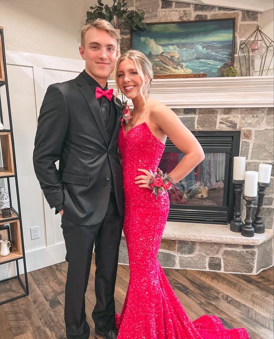 Hot Pink Mermaid Sequins Prom Dresses V-Neck Trumpet Long Prom Evening Dress Customized Size Y1284