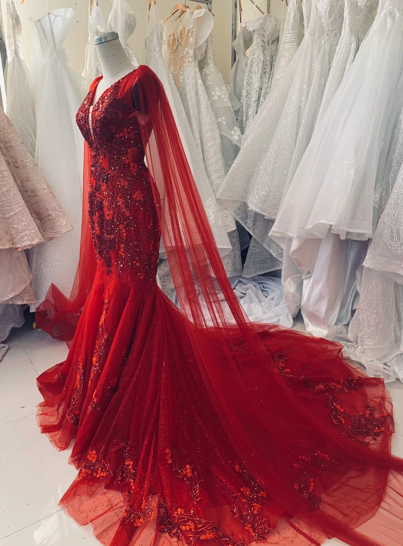 Long sleeves red beaded sparkle ball gown wedding dress with glitter tulle  - various styles