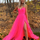 Simple v neck tulle hot pink tulle formal dress, hot pink tulle prom dress Y1627
