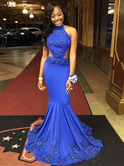 New Arrival Mermaid Royal Blue High Neck Backless Prom Dresses Y1588