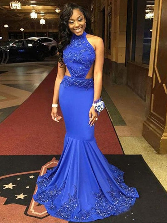 New Arrival Mermaid Royal Blue High Neck Backless Prom Dresses Y1588