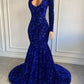 Long Sparkly Prom Dress One Shoulder Royal Blue Sequin Mermaid Style Black Girls Prom Party Gowns Y1597