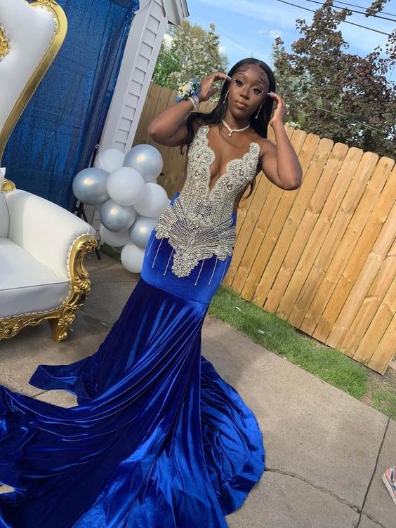 Charming Royal Blue Long Prom Dresses With Beaded,Black Girls Prom Gow ...