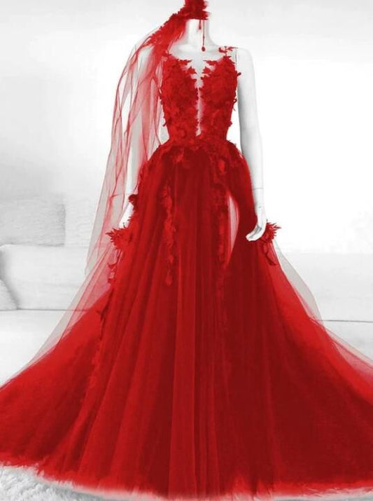 Elegant A-line Tulle Modest Prom Dress With Appliques Y1574