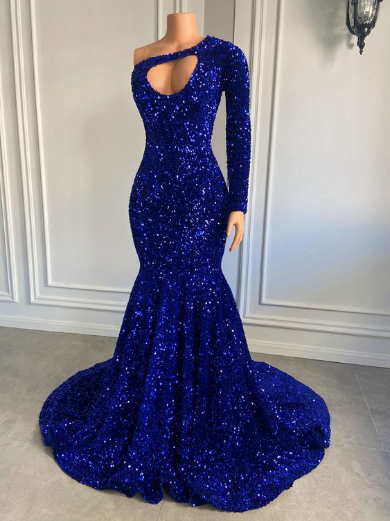 Long Sparkly Prom Dress One Shoulder Royal Blue Sequin Mermaid Style Black Girls Prom Party Gowns Y1597