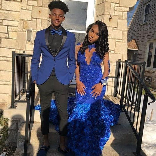 Sexy Mermaid Royal Blue African Long Sleeves Rose  Flowers Long Prom Dresses Y1587