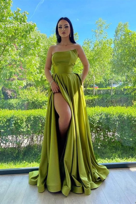 Green Long Prom Dress With Slit Strapless Y1580