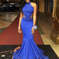 New Arrival Mermaid Royal Blue High Neck Backless Prom Dresses Y1588