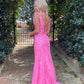 Charming Mermaid V Neck Hot Pink Lace Long Prom Dresses Y1028