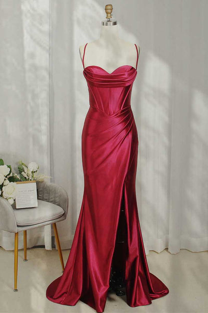 Mermaid Spaghetti Straps Satin Evening Dress Burgundy Cowl Neck Ruched Prom Dress Y449