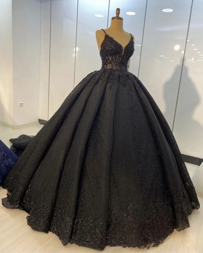 Black lace ball gown dresses for wedding , spaghetti straps prom dress S22981