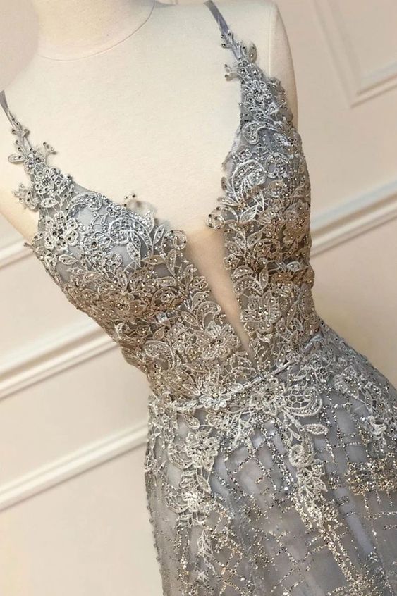 A-line V Neck Lace Prom Dress  S17404