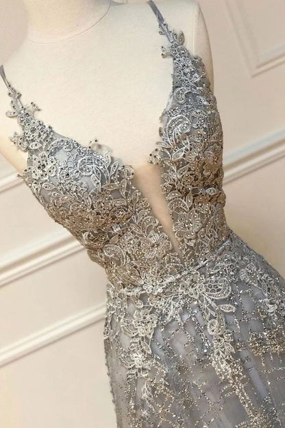 A-line V Neck Lace Prom Dress  S17404
