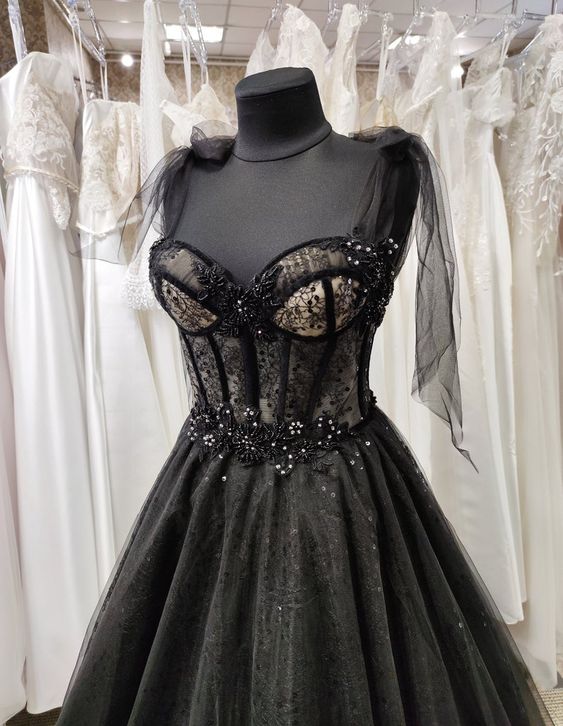 Black v neck chiffon lace long prom dress, black evening dress – shdress