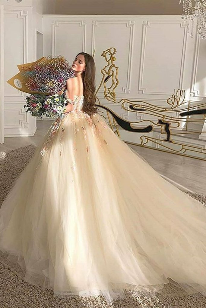 Charming One Shoulder Floral Champagne Long Prom Dresses, 3D Flowers C –  Shiny Party
