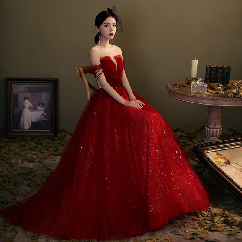 Red tulle sequins long prom dress red evening gown Y1179