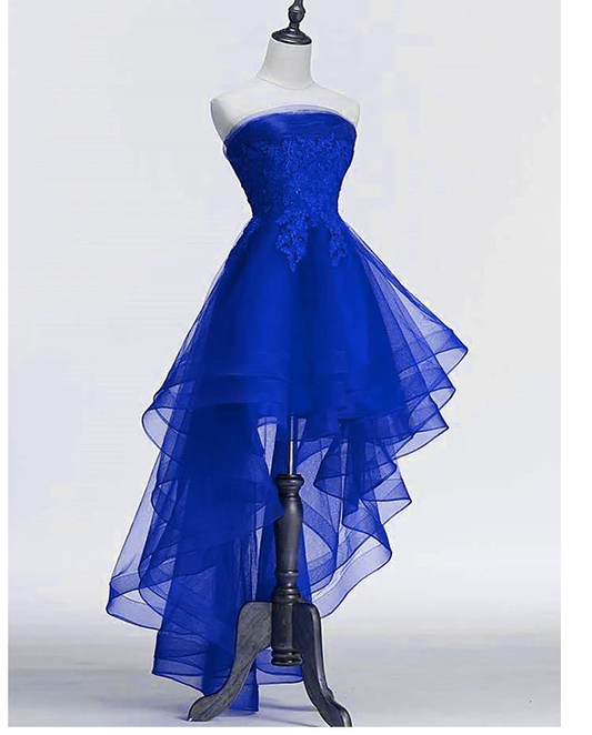 Royal Blue Tulle with Lace Applique High Low Party Dress, Blue Homecoming Dress Y671