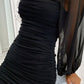 Black Square Neckline Lantern Long Sleeves,Black Pleated Mini Homecoming Dress Y961
