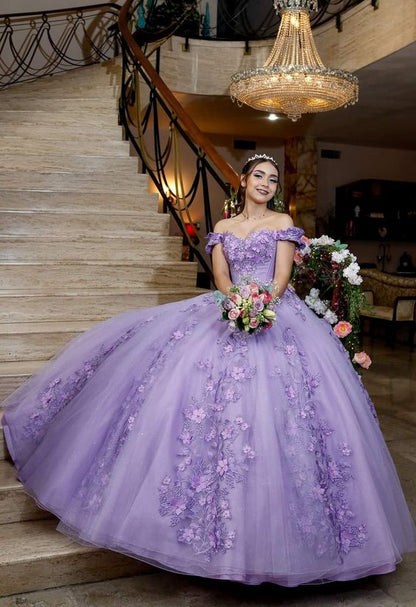 Lavender Off The Shoulder Floral Appliques Ball Gown Sweet 16 Dress ,Lavender Princess Dress Y900