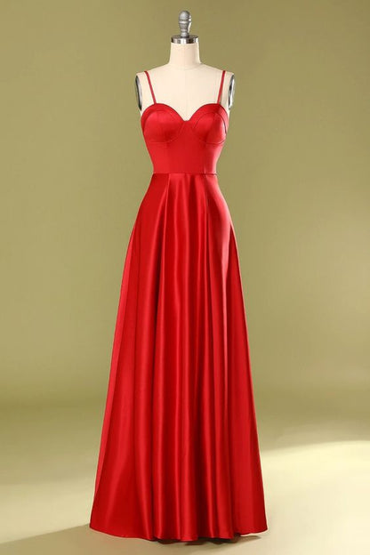 A-Line Sweetheart Spaghetti-Straps Satin Floor-Length Prom Dresses Y903