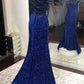 Mermaid Sequins Long Prom Dresses, Blue Backless Evening Dresses Y1003