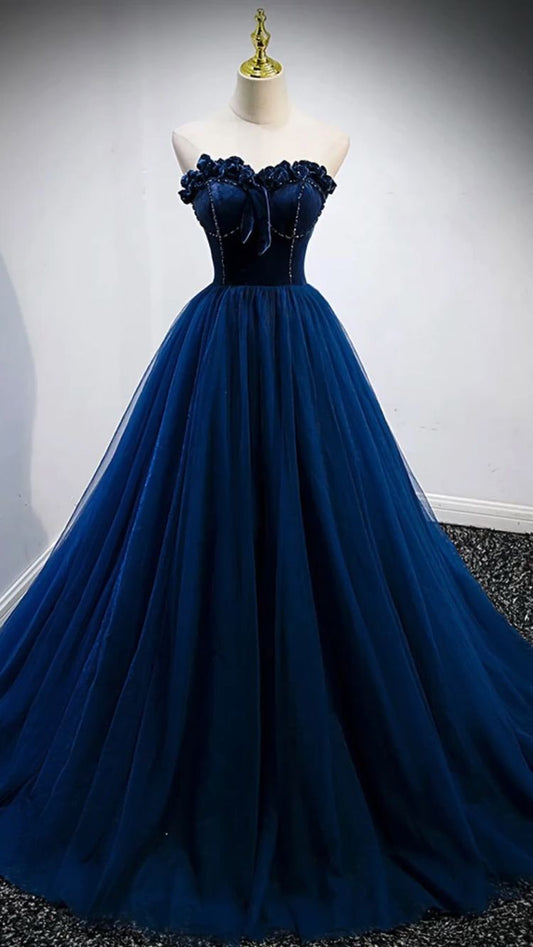 Strapless Blue A-line Prom Dress ,Elegant Evening Gown Y839