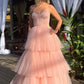 Modest Pink Strapless Tiered Tulle Prom Dress, Pink Formal Prom Gown,Wedding Reception Dress Y1051