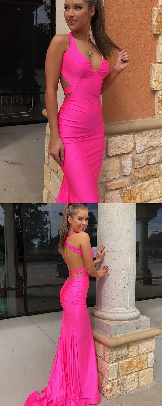 Hot Pink Halter Satin Mermaid Evening Dress, Simple Long Prom Dress Y942