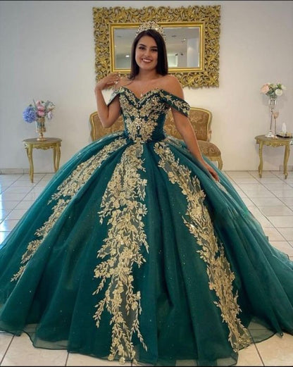 Dark Green Sweet 15 Quinceanera Dresses with Gold Applique Sequin Ball Gown Sweep Train Y962