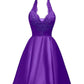 Halter Deep V Neck Satin Appliques Purple Backless Pleated A Line Homecoming Dresses Y854