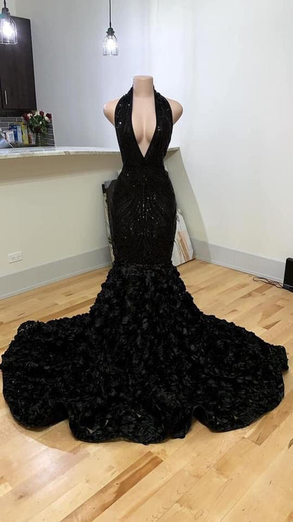 Black Halter Neck Mermaid Evening Dress With 3D Flower Sexy Formal Gown Y982