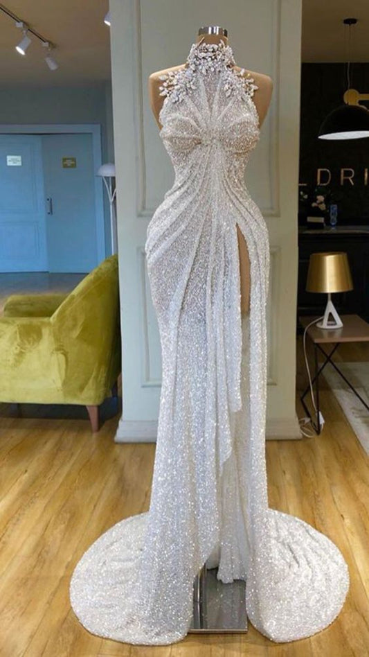 High Neck Applique Evening Dress Saudi Arabia Style Sleeveless Long Formal Dresses Y958