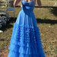 Blue Sweetheart Tulle Tiered Prom Dresses,Sleeveless Prom Gown Y1062