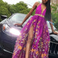 Purple A Line Deep V Neck High Slit Tulle Prom Dresses Long Evening Dresses Y894