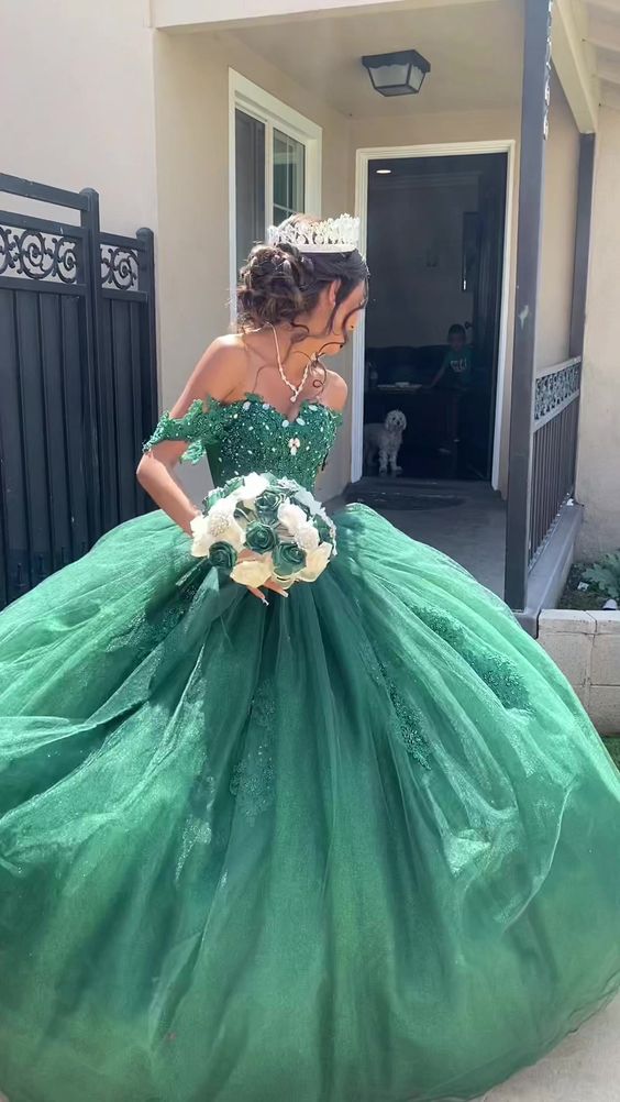 Charming Off The Shoulder Green Tulle Lace Princess Dress Green