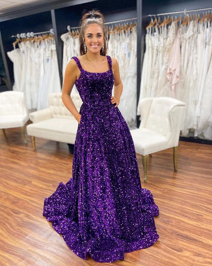 Gorgeous Square Neck Purple Sequins Long Prom Dresses With Pockets Y82 Simplepromdress Gorgeous Square Neck Purple Sequins Long Prom Dresses With Pockets Y82 Simplepromdress
