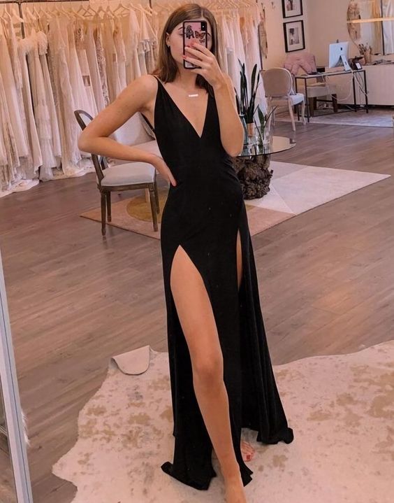 Simple Black Long Prom Dress Side Split Evening Dress Y1017