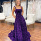 Gorgeous Square Neck Purple Sequins Long Prom Dresses With Pockets Y829