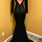 Long black sequin prom dresses long sparkly mermaid open back evening dresses with train Y841