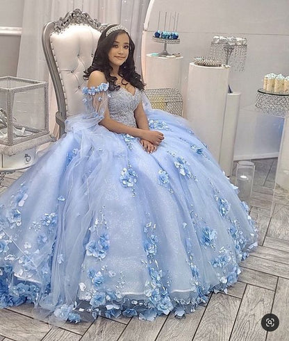 Light Blue Quinceanera Dress Off Shoulder 3D Flowers Beads Puffy Party Princess Sweet 16 Gown,Light Blue Ball Gown Y1088