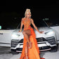 Sexy Orange Sleeveless Evening Dress With High Slit, Luxury Evening Gown Y998