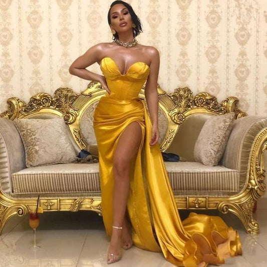 Gold Sweetheart High Split Prom Dresses Y986